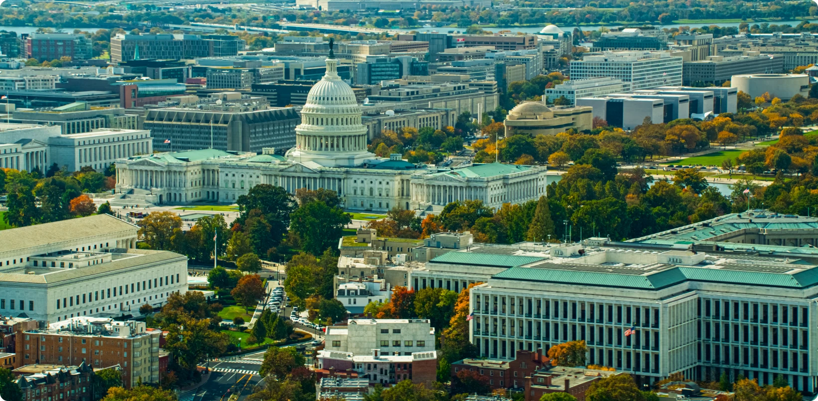 Aerial view of Washington, D.C. buildings.